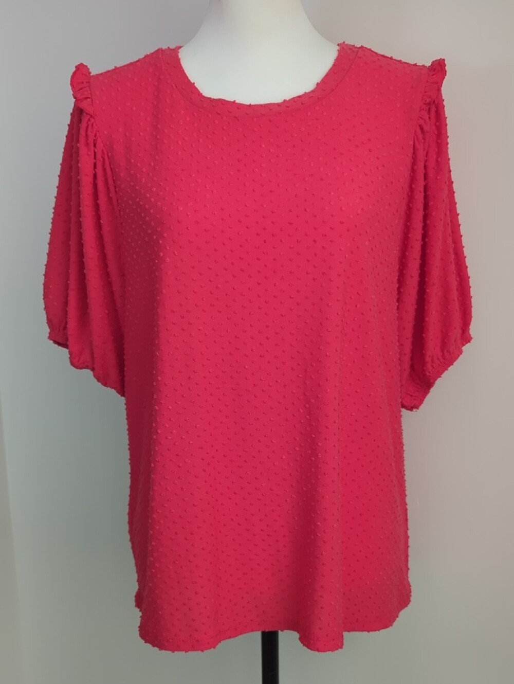 Zac & Rachel Hot Pink Swiss Dot Ruffle Puff Sleeve Blouse Top XL
